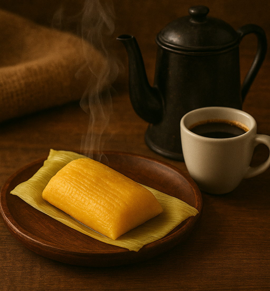 Pamonha servida em um prato, um bule e uma xícara de café ao lado.
